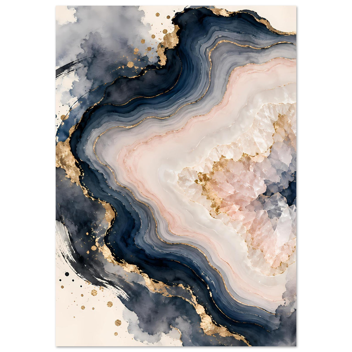 Abstraktes Geoden-Poster in Blau, Rosé und Gold, hochformatig