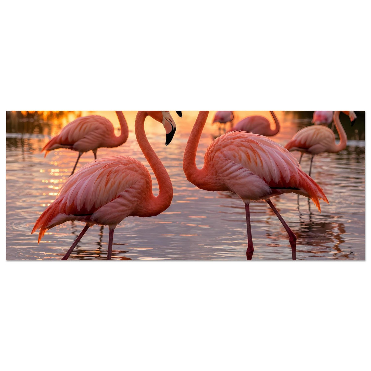 Horizontales Poster mit Flamingos am See bei Sonnenuntergang, Querformat