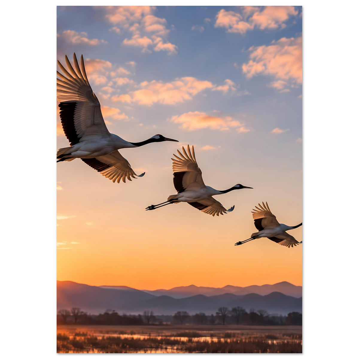 Poster mit Kranichen im Flug vor Abendhimmel und ruhigem See