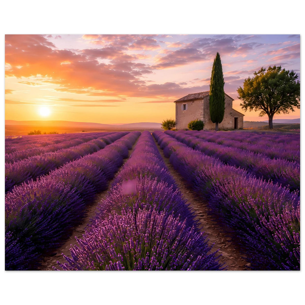 Lavendel-Landschaftsposter mit violetten Reihenfeldern, Mittelweg, Hütte und hochgewachsenem Zypressenbaum.