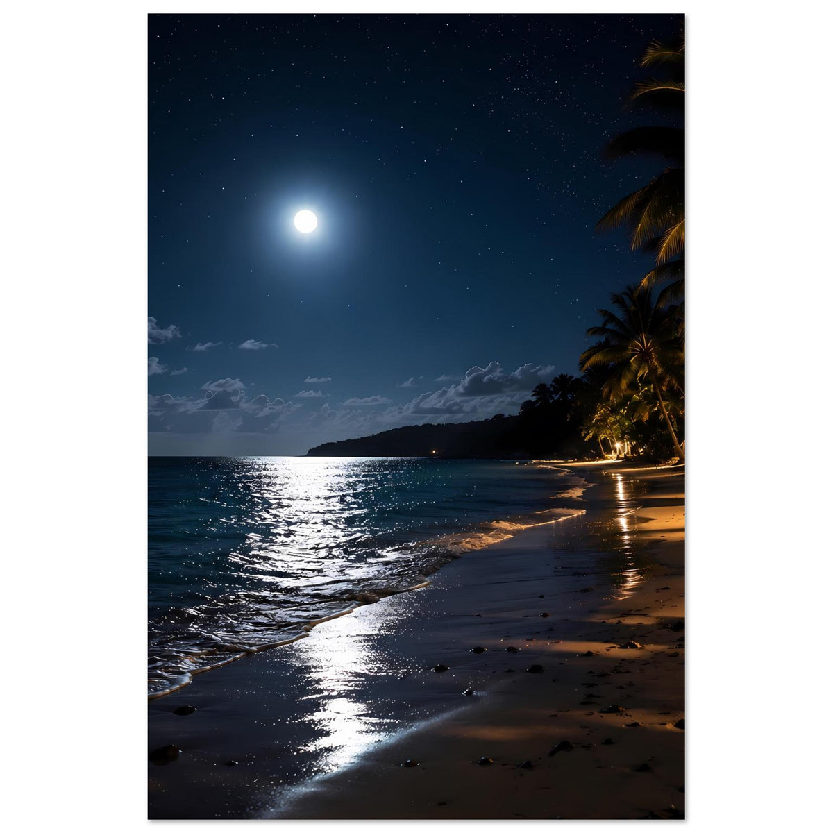 Strandposter im Hochformat: Vollmond am Nachthimmel, Meerlinie und Palmen am Strand