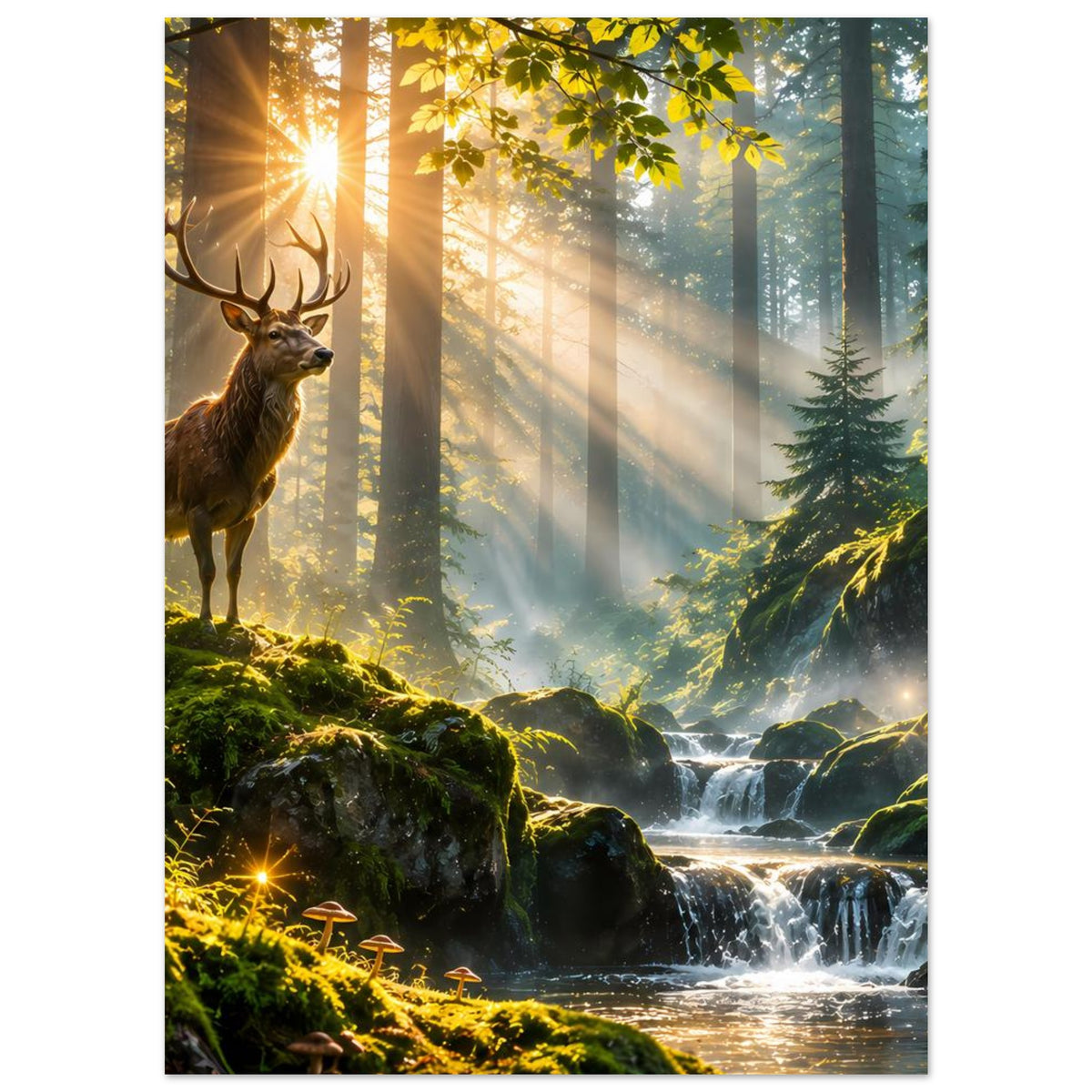 Poster mit Hirsch, warmem Sonnenaufgang im Wald, Moossteinen, Bach mit Wasserfall
