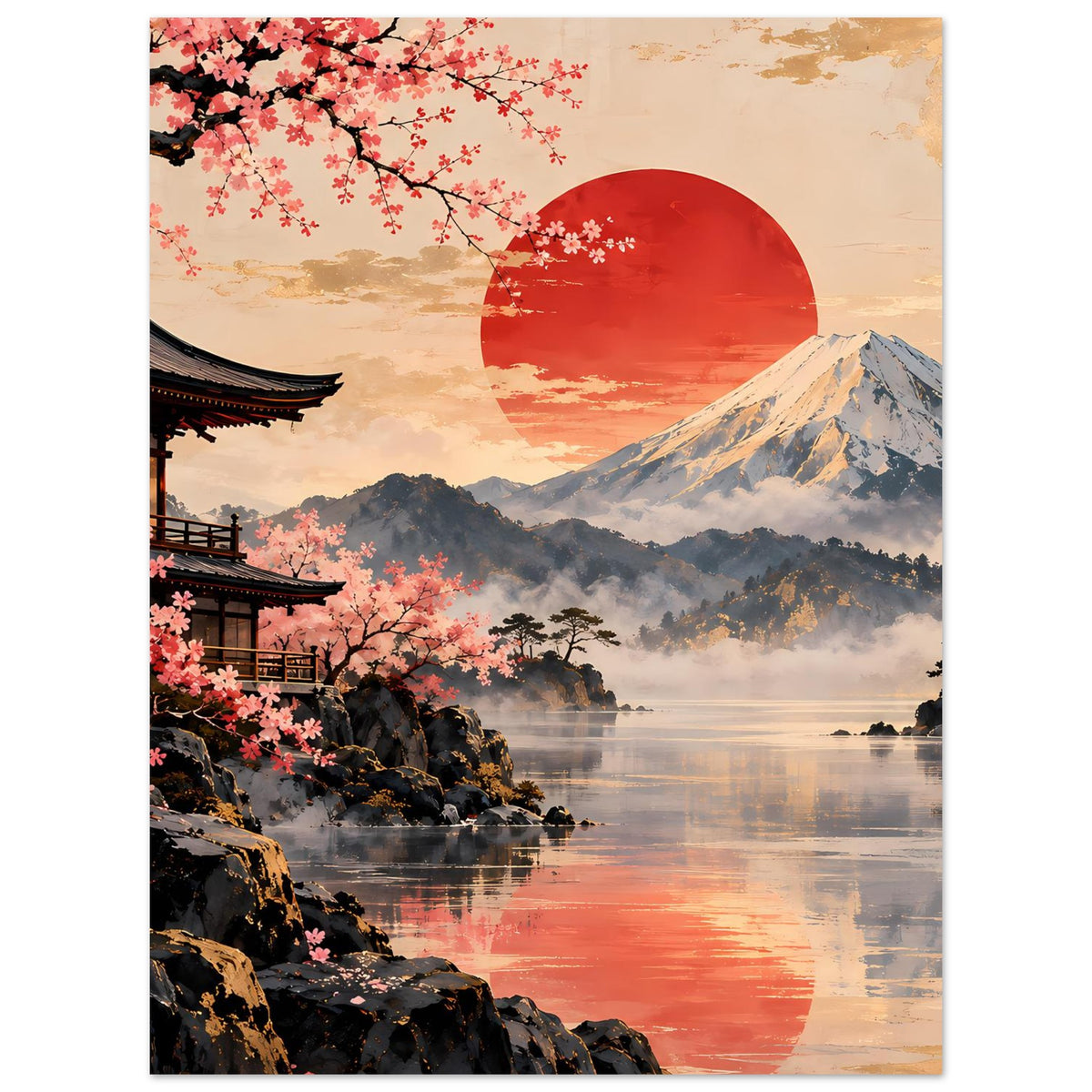 Hochformat-Poster mit Kirschblüten, Tempeldach links, Berg im Hintergrund und See mit Lichtstreifen