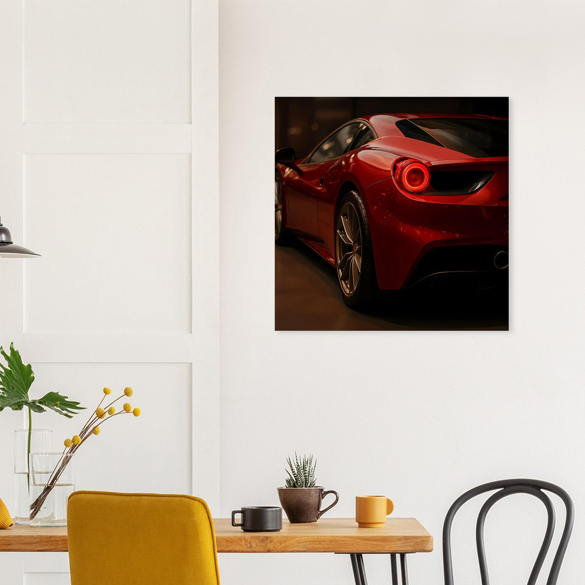 Poster mit rotem Sportwagen und leuchtendem Rücklicht, seitliche Perspektive im Rahmen