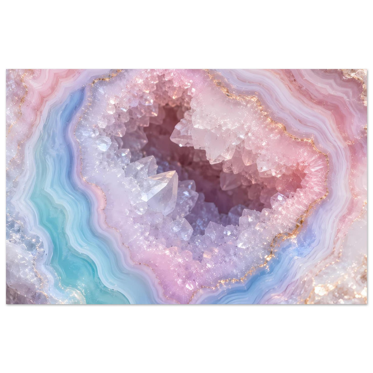 Poster im Querformat mit pastellfarbenem Kristallmotiv: türkis, rosa, violett und Goldadern