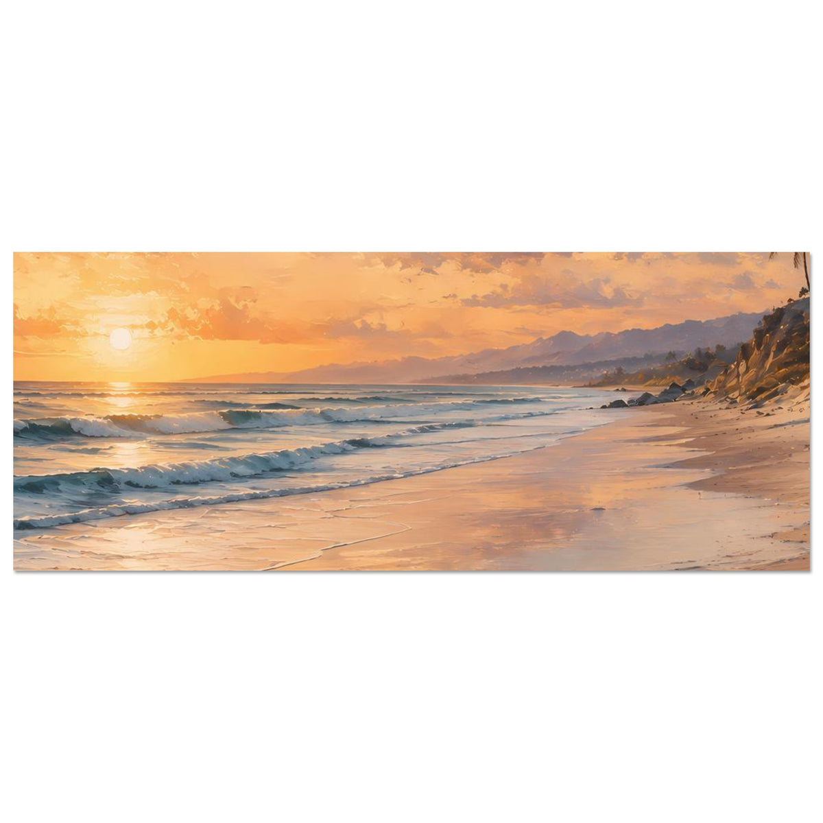 Strandposter auf mattem Papier, horizontal: Sonnenuntergang über dem Meer mit ruhiger Küste.