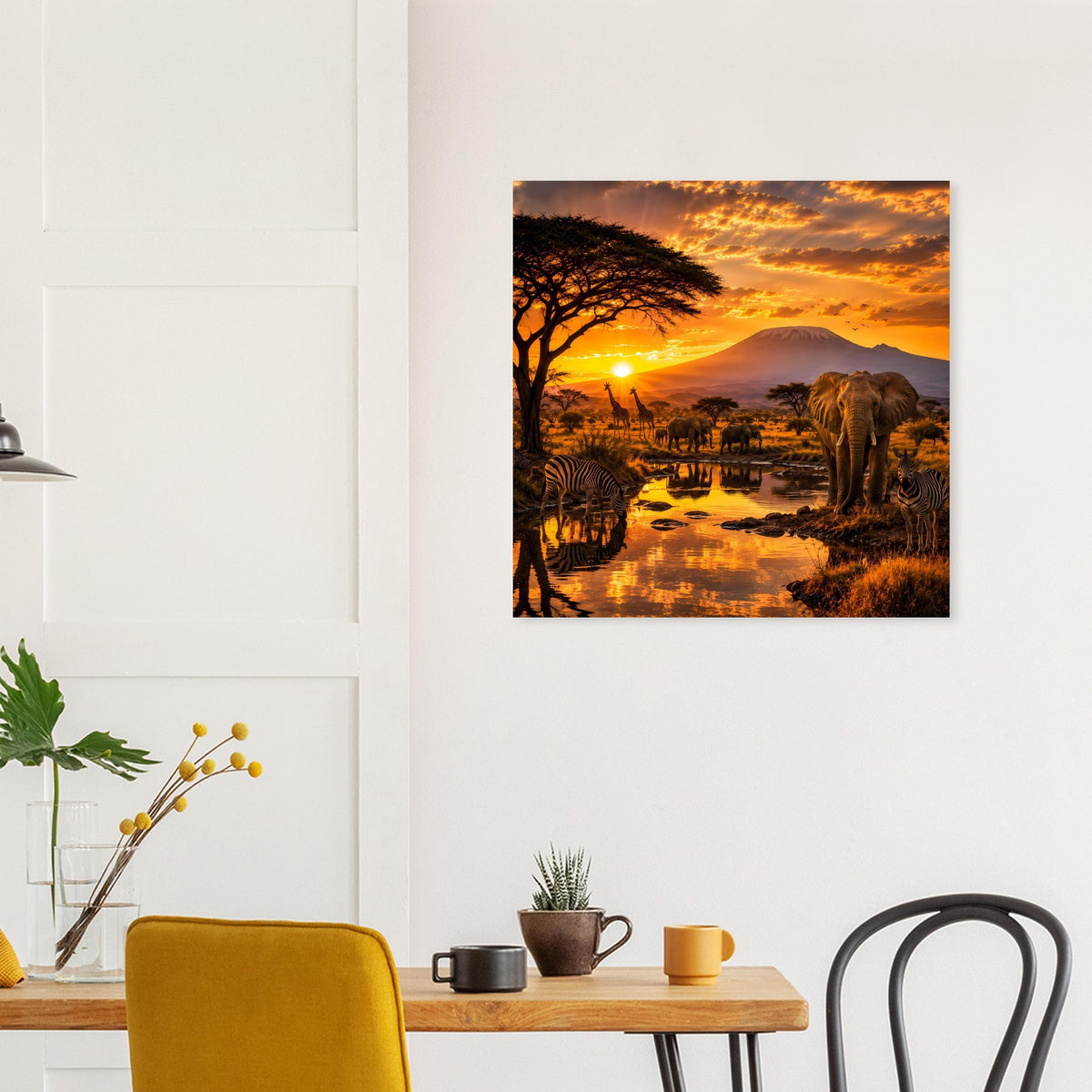 Quadratisches Poster mit Tierwelt der Savanne und untergehender Sonne