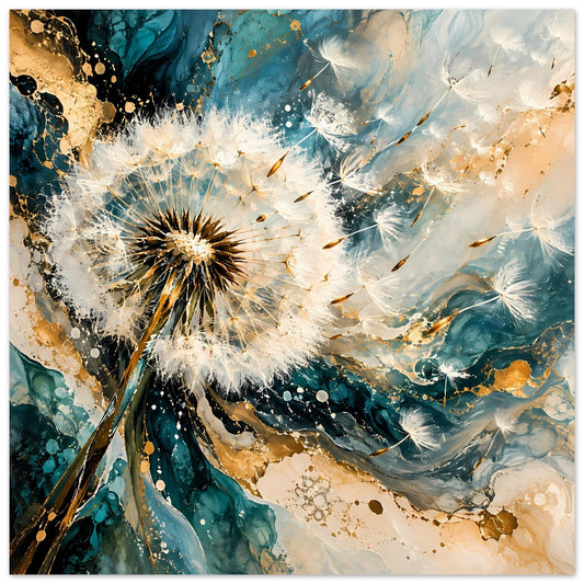 Naturposter mit schwebender Pusteblume, Petrol, Gold und Creme, abstrakte Farbspritzer