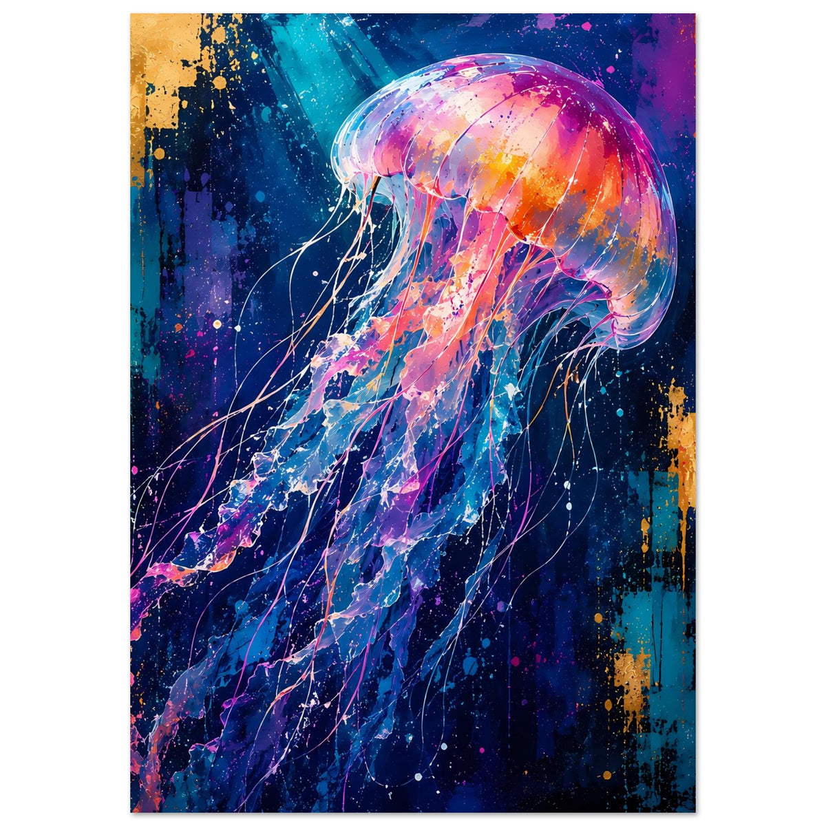 Leuchtendes Quallen-Porträt Poster im Hochformat, leuchtende Nuancen aus Blau, Pink und Orange.