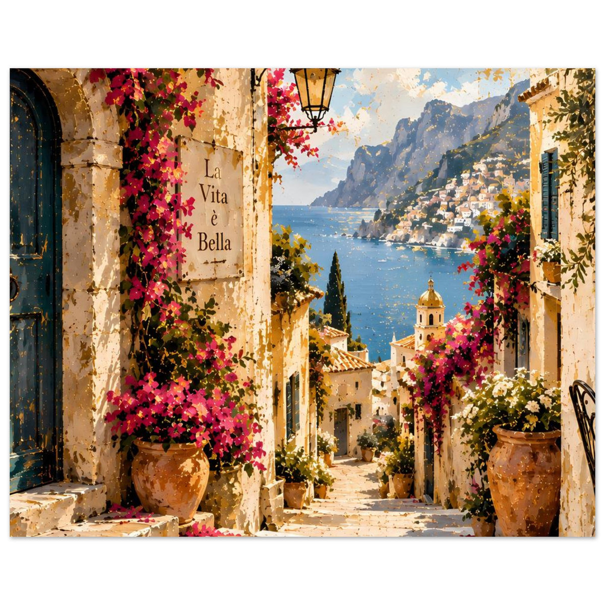 Poster mit sonniger italienischer Gasse, Blumen und Blick aufs Meer