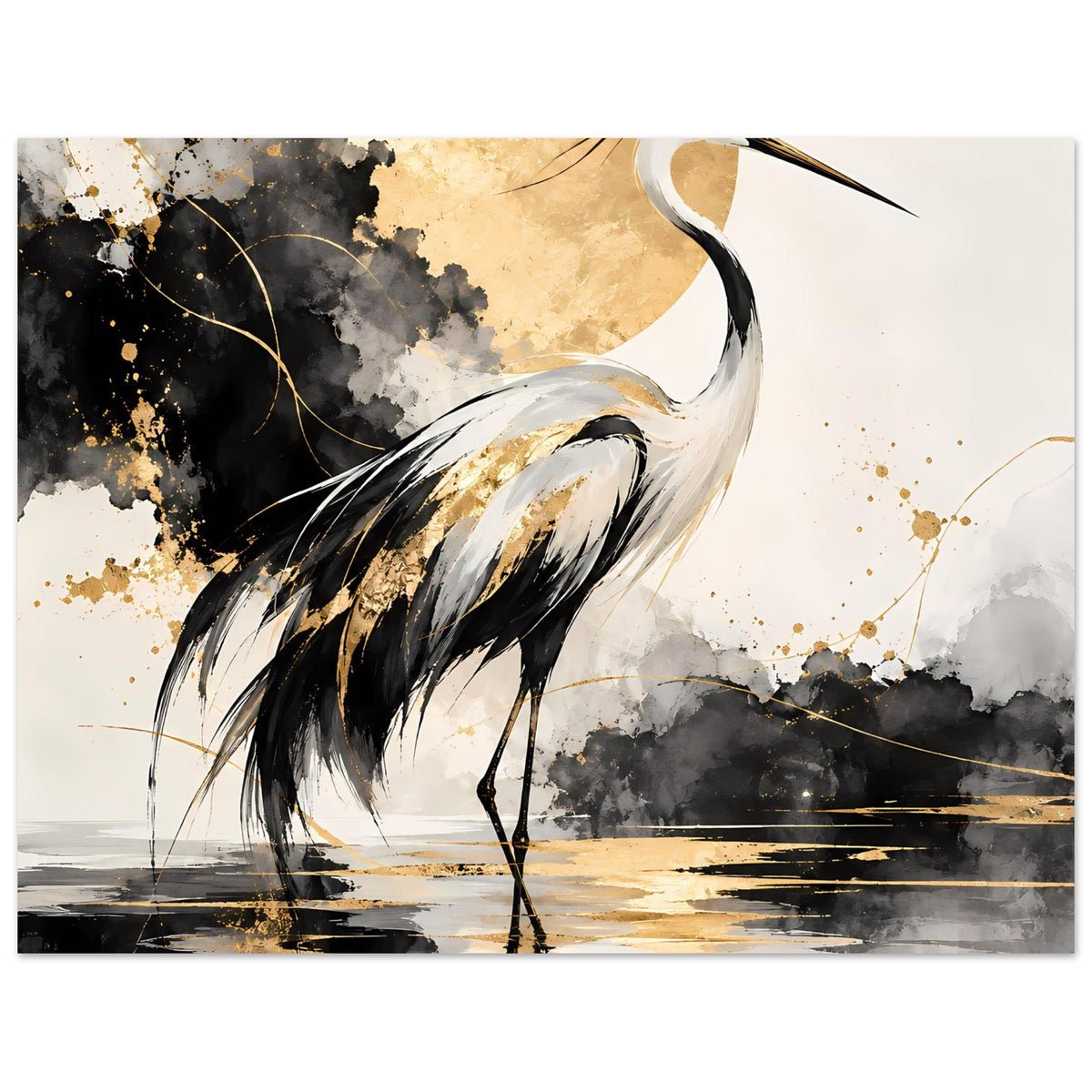 Vogelposter mit Kranich in Schwarz und Gold, Großansicht von Kopf, Flügeln und Beinen.