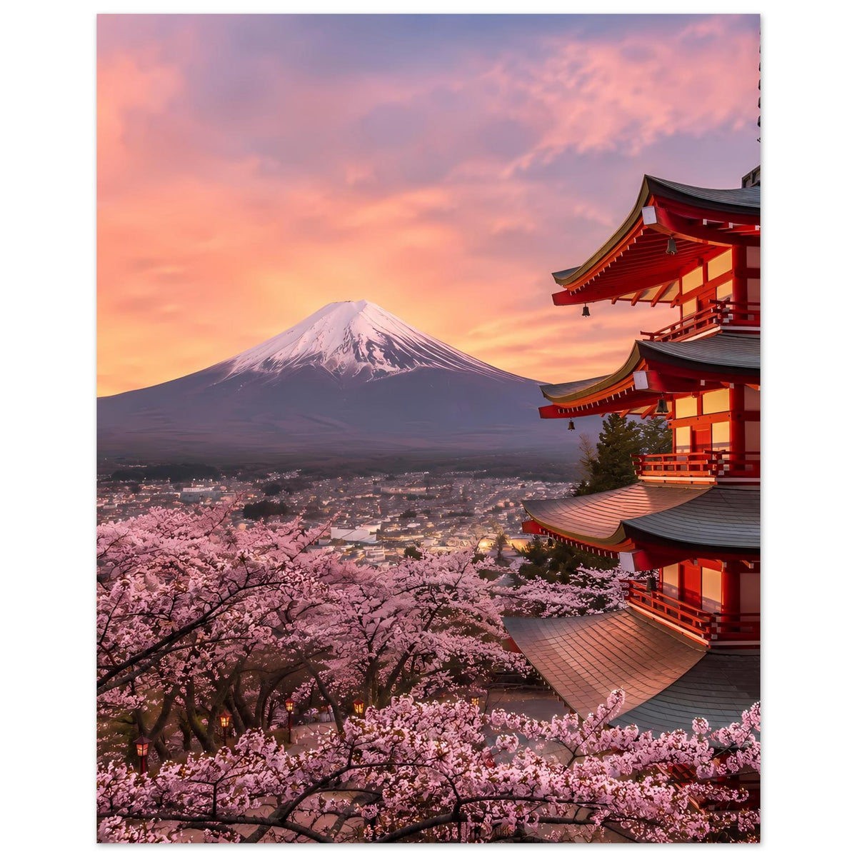 Poster mit Fuji und Kirschblüten, roter Tempel an der rechten Seite