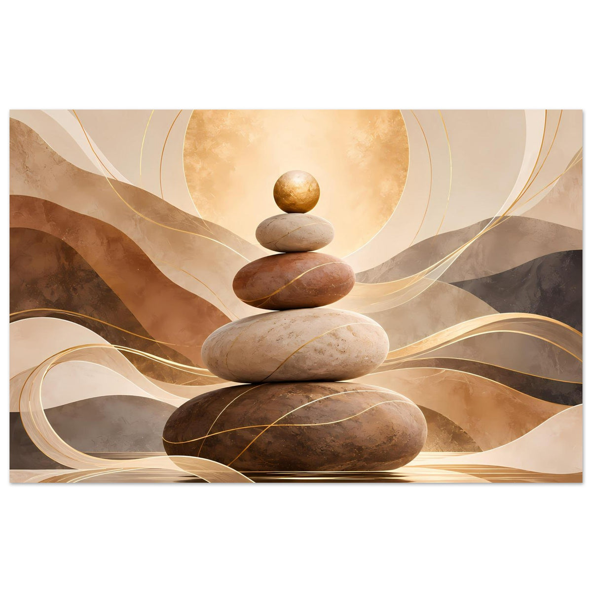 Zen-Poster im Querformat mit Steinturm, Goldlinien und Kreis am Hintergrund