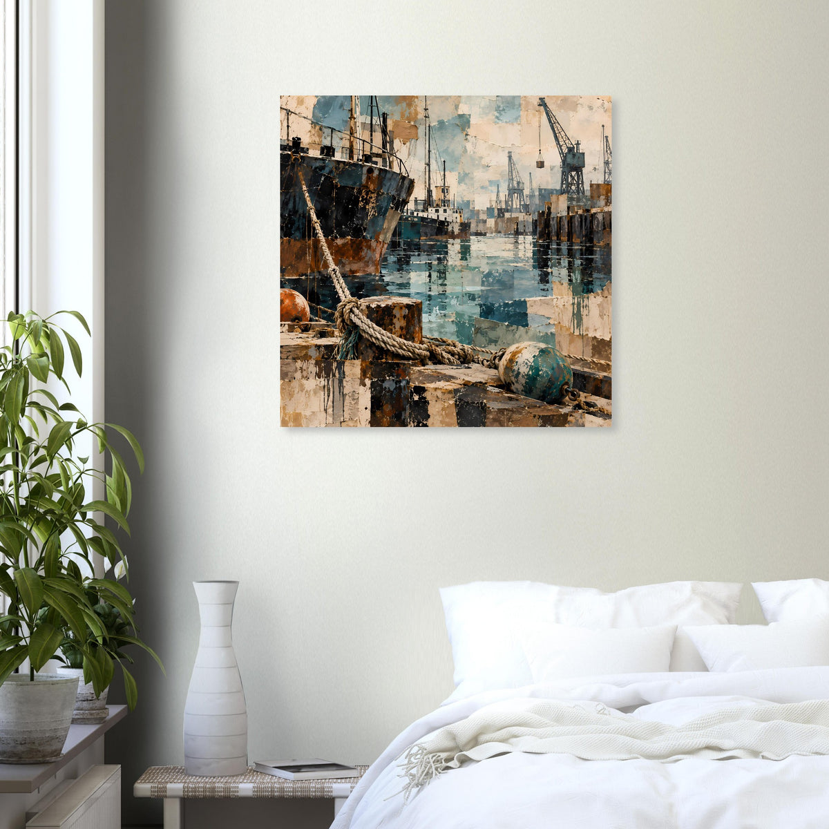 Poster im Rahmen mit Schiffsanleger und Kränen, Seil und Hafenbecken, blau getönt