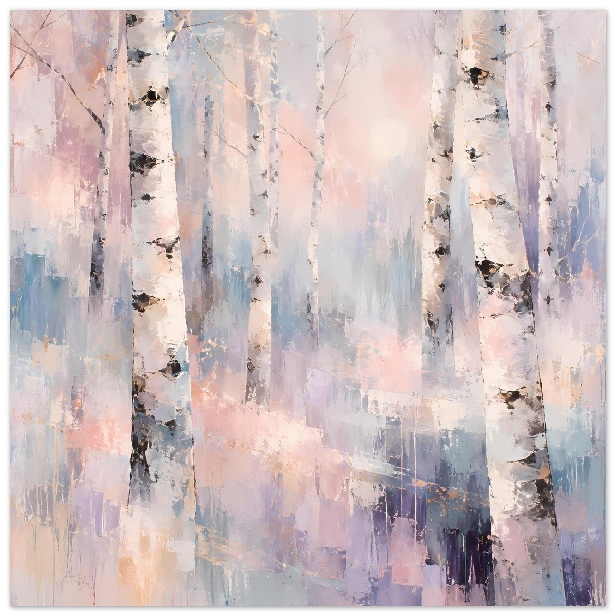 Naturposter Birkenwald im Pastell, viele helle Baumstämme mit dunklen Rindenstellen.
