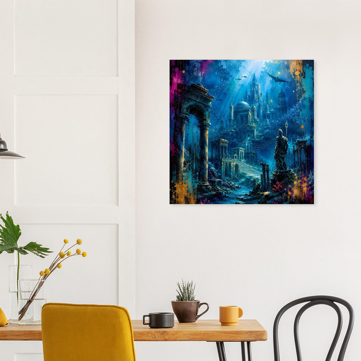 Quadratisches Poster mit versunkener Atlantis-Stadt im Blau, hohe Ruinentürme und Lichtstrahl