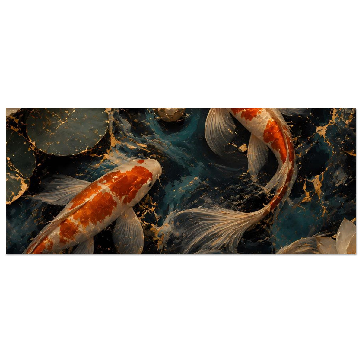 Breitformat-Kunstposter mit Koi-Fischen im Teich, teilweise angeschnittene Karpfen und Steine