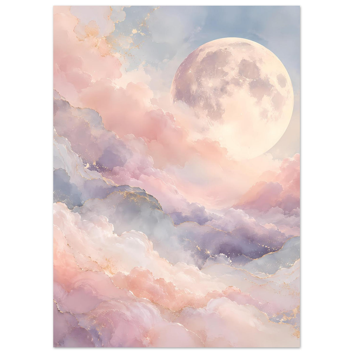 Poster im Hochformat mit leuchtendem Mond über wolkigen Formen in Pastelltönen