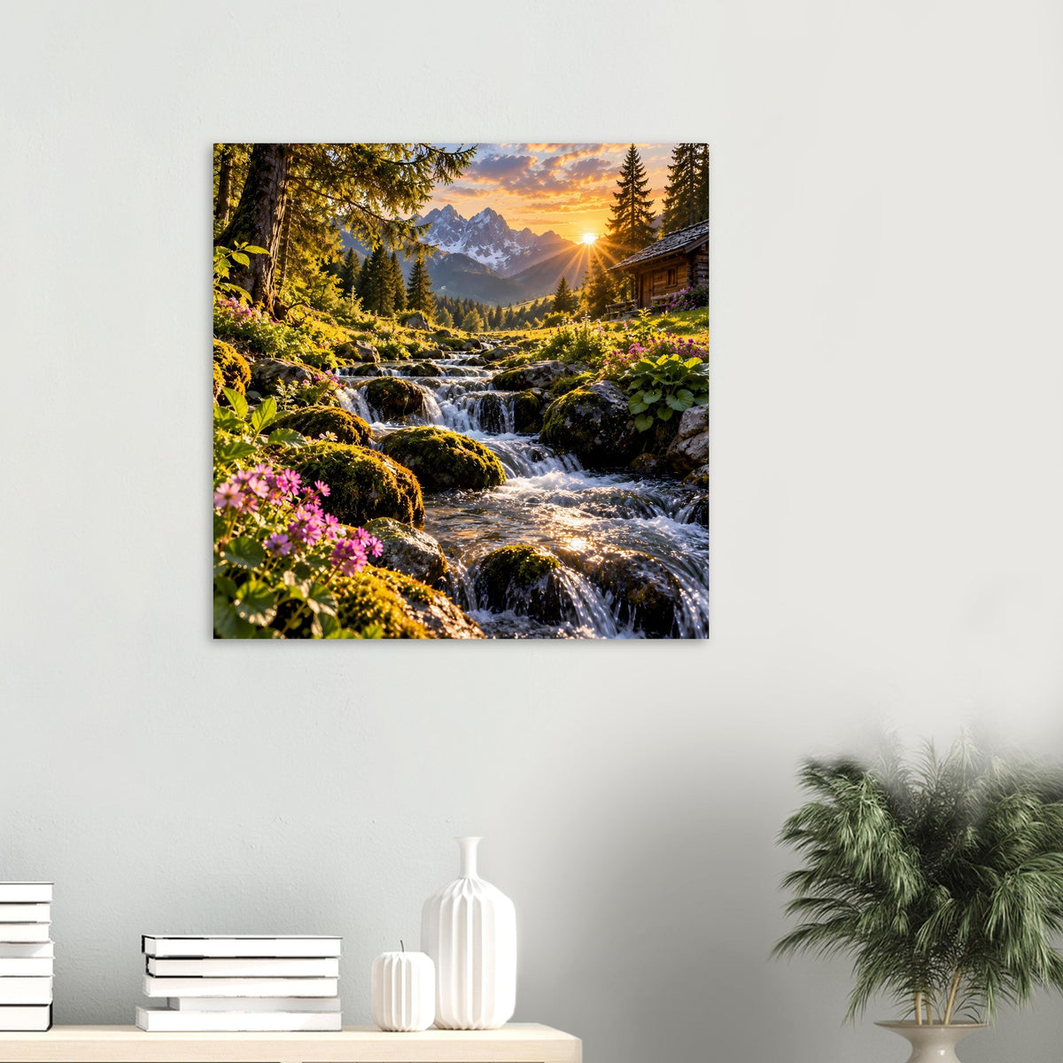 Kleines Poster: Gebirgsfluss mit Kaskaden, Blumen im Vordergrund, Abendsonne im Hintergrund
