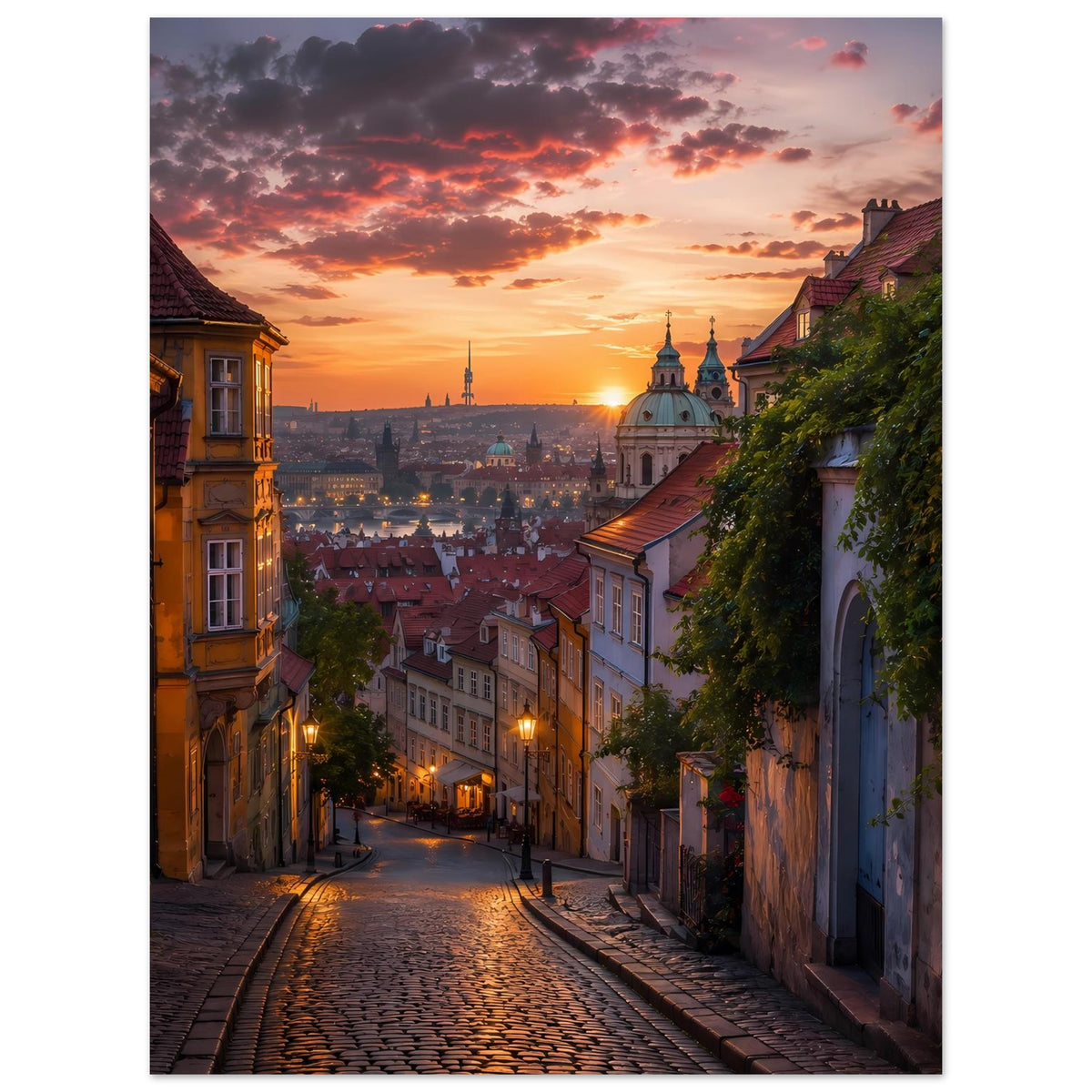 Poster im Hochformat: Altstadtgasse mit warm beleuchteten Laternen, Blick auf Kirchtürme
