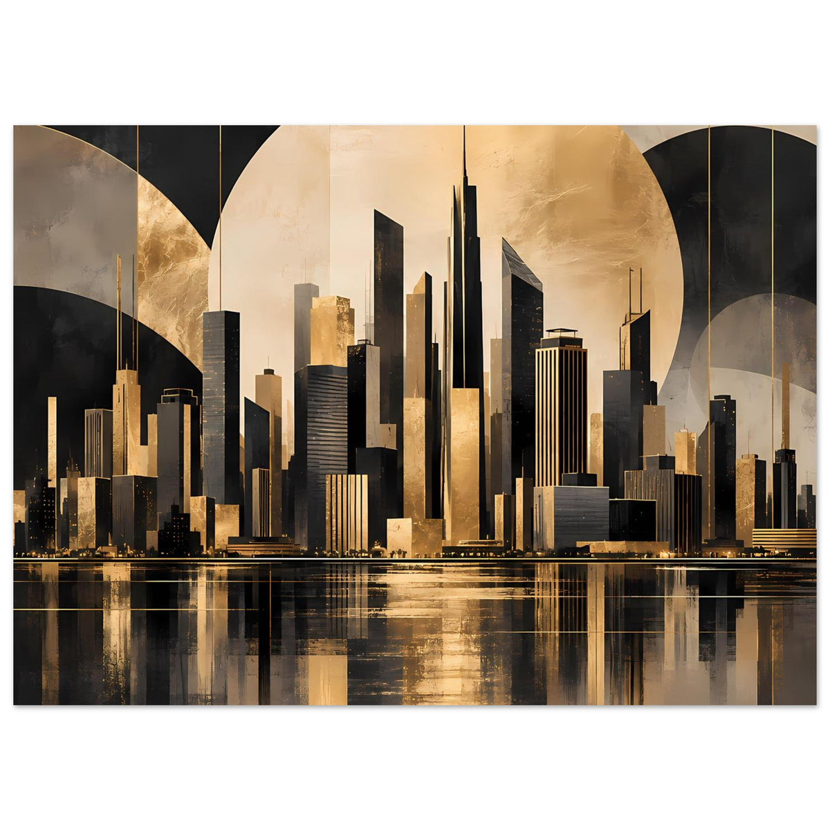 Stadtposter mit gold-schwarzer City-Ansicht, großen Kreissegmenten und Wasserreflexen