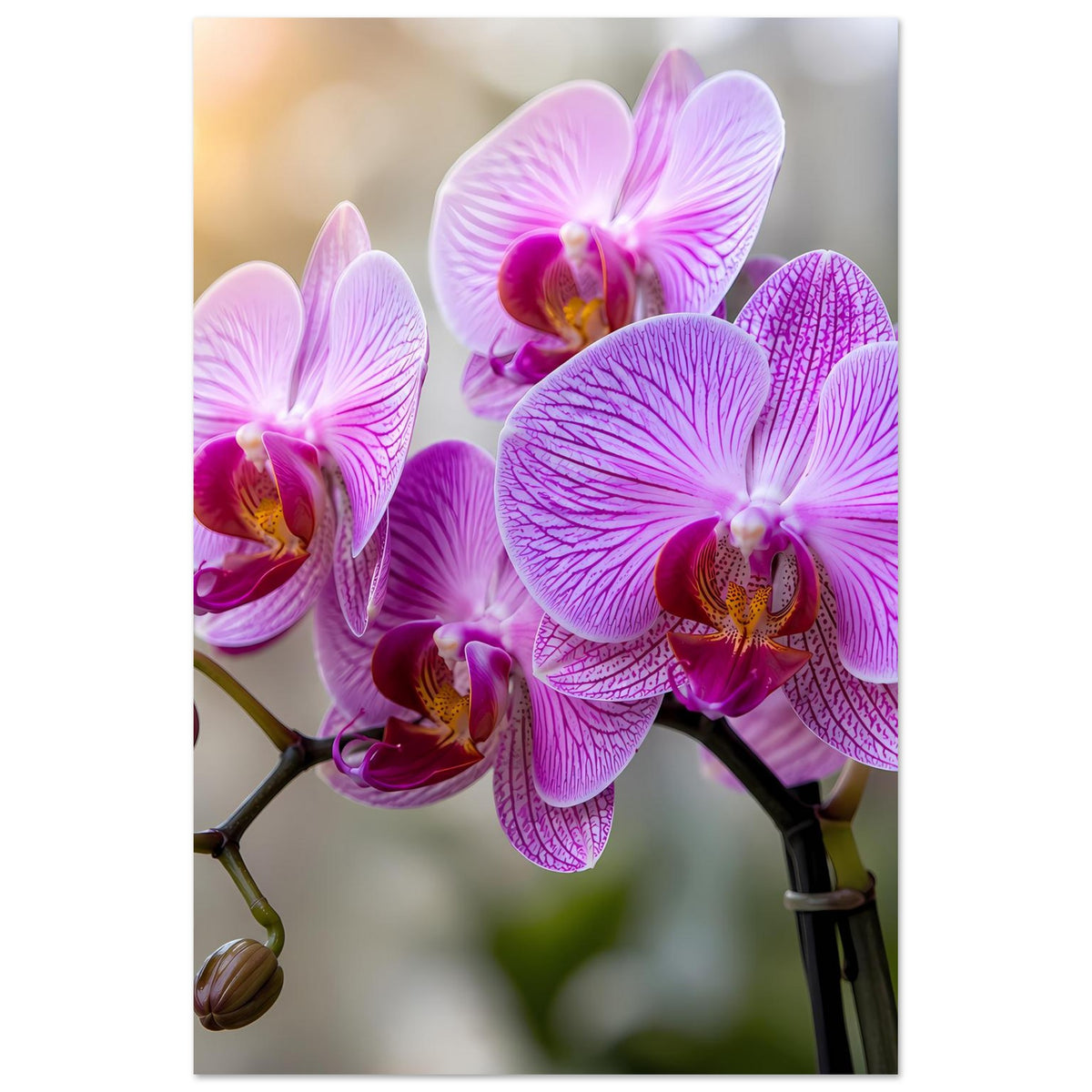 Vertikales Orchideenblüten-Poster mit violettrosa Blüten und Knospen am Stängel