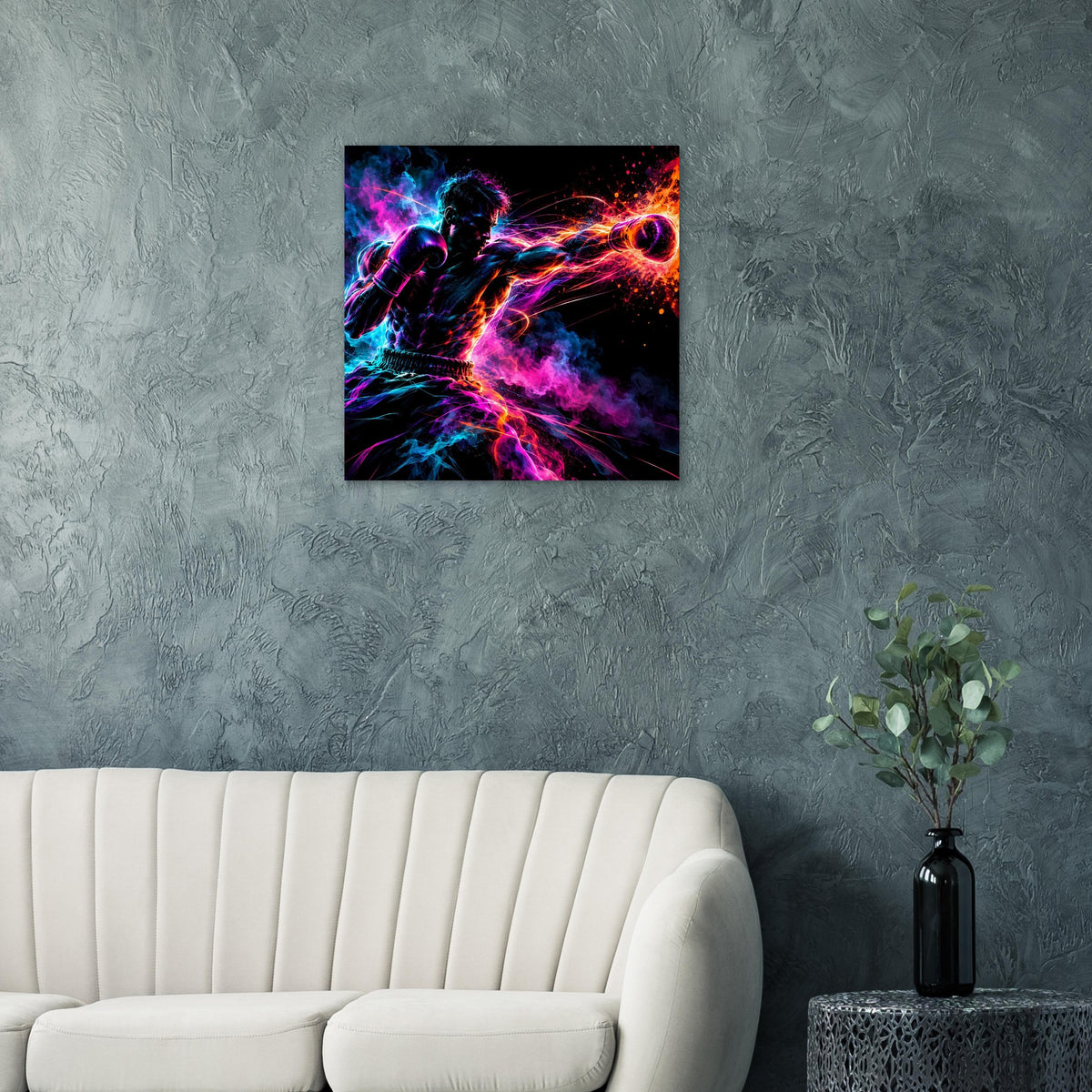 Neon-Boxer-Poster klein: dynamischer Kämpfer mit Boxhandschuhen und Neon-Rauch