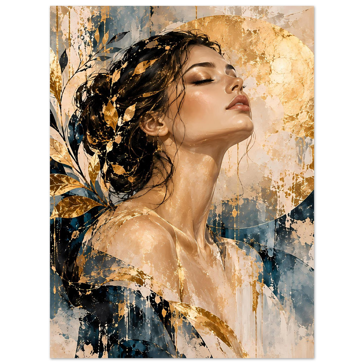 Kunst-Poster mit Frauengesicht im Profil, schwarzes Haar, goldene Blätter und Kreis, creme-blaue Farbflächen