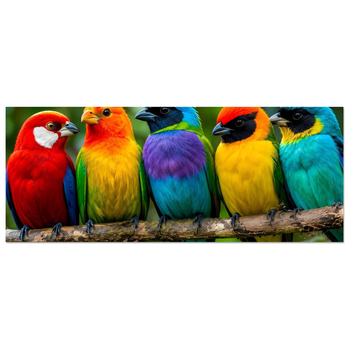 Horizontales Poster: sechs bunte tropische Vögel sitzen auf einem Ast