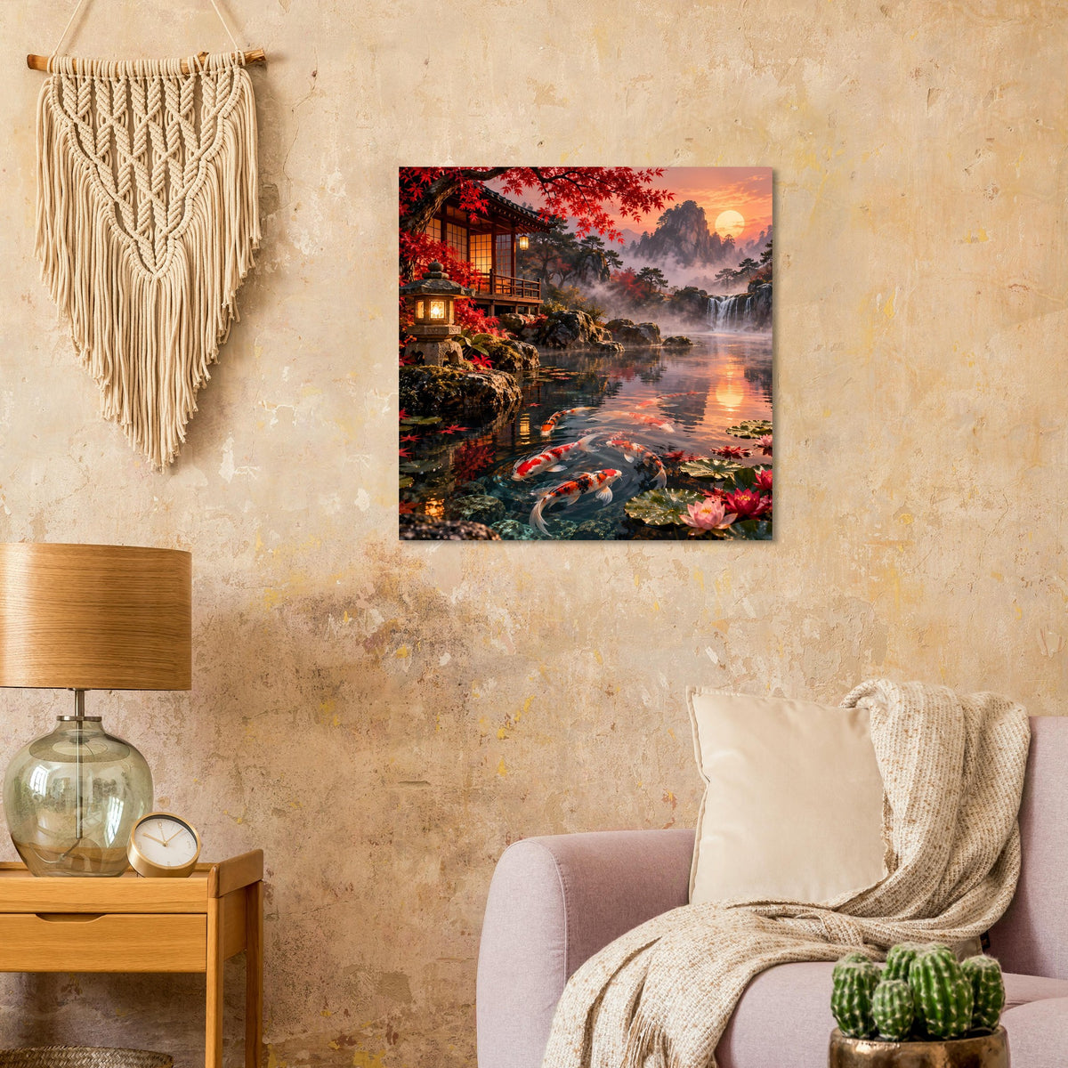Kleines quadratisches Poster mit Koi im Wasser, rotem Blattwerk, Steinsteg und Seerosen