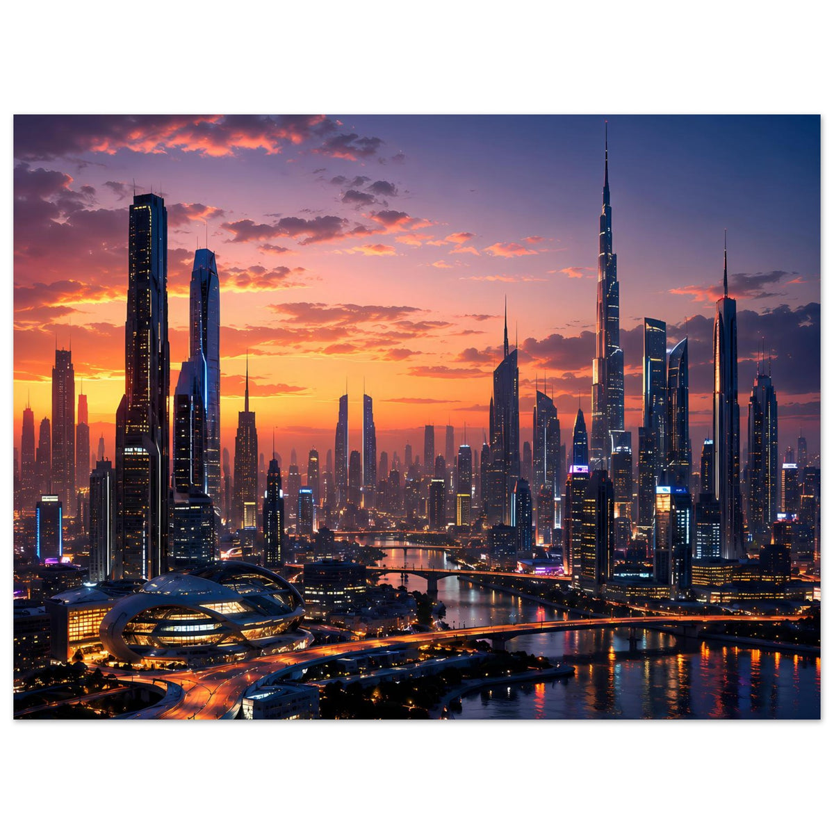 Poster im Querformat mit Stadt-Skyline bei Sonnenuntergang, Fluss und nächtlich beleuchteten Gebäuden.