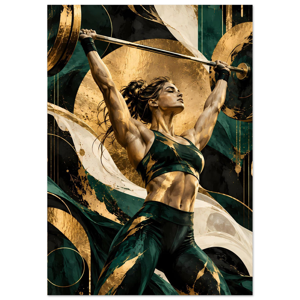 Kraftposter Hochformat: Athletin im grünen Sportoutfit hebt die Hantelstange über der Schulter