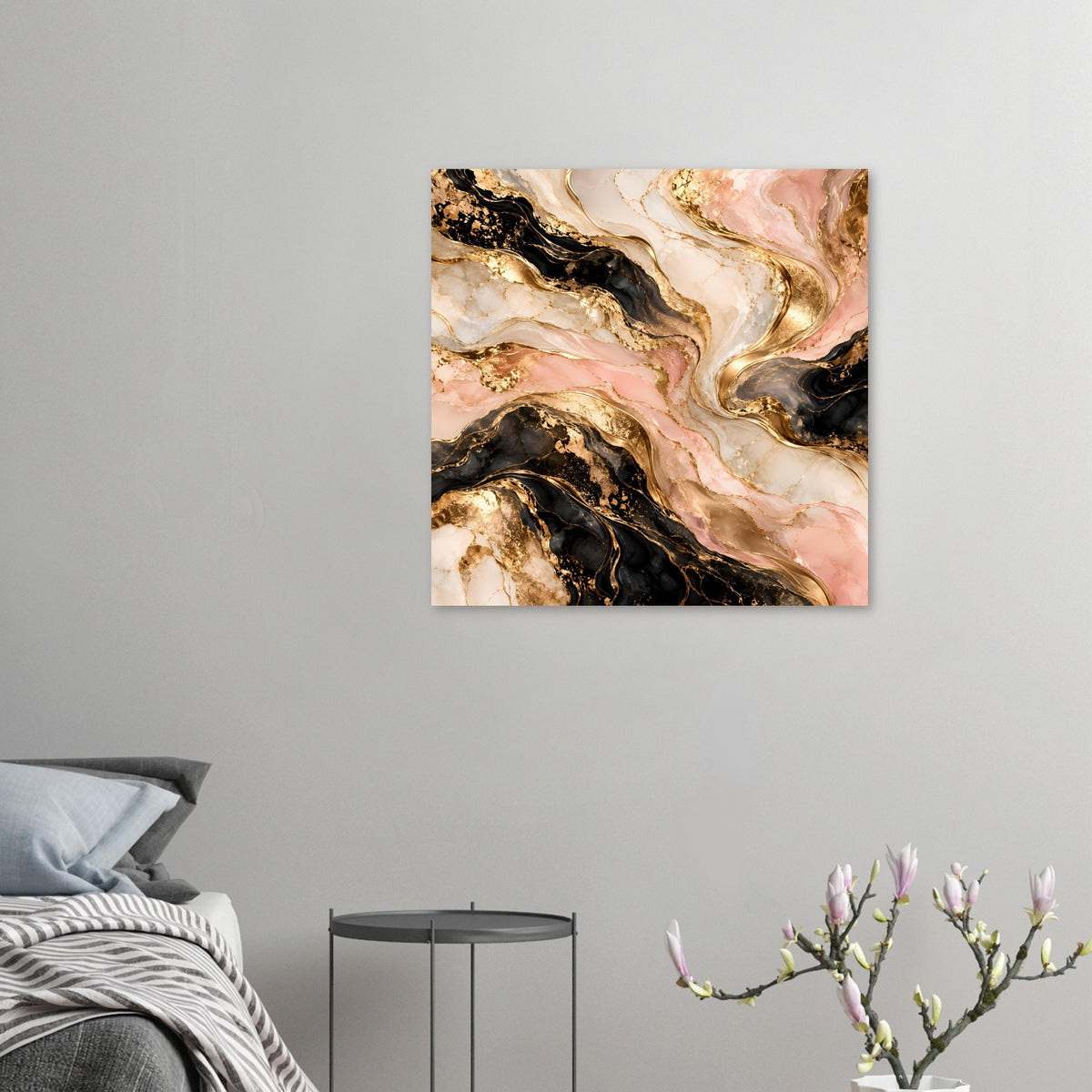 Kleines Marmor-Poster mit goldenen Akzenten, rosafarbenen Adern und dunklen Marmorstreaks