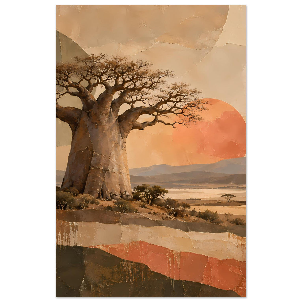 Naturposter im Hochformat mit Baobab, orange Sonne und trockener Landschaft mit niedrigen Bäumen