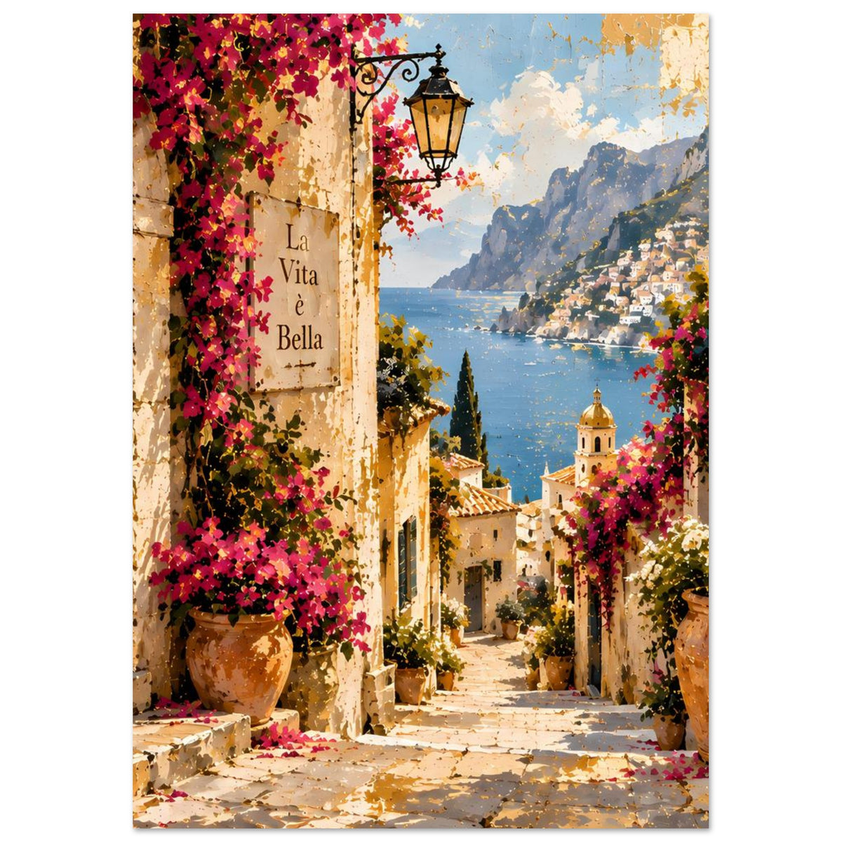 Wandposter mit Bougainvillea, Laterne und Turm über dem Hafenmeer, Panorama