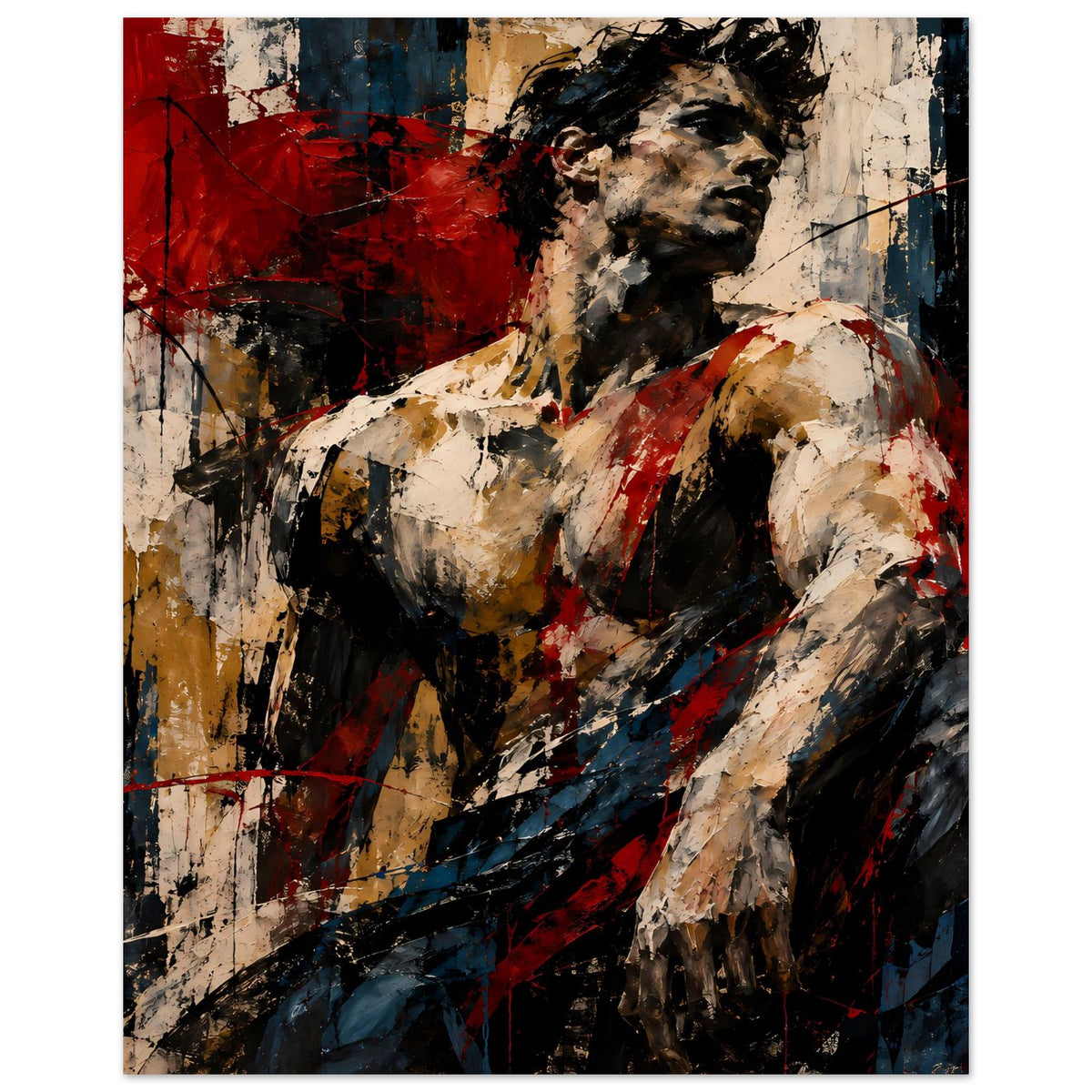 Abstraktes Muskelkunst-Poster, Porträt-Torso in Schwarz, Weiß/Beige sowie Rot- und Blautönen