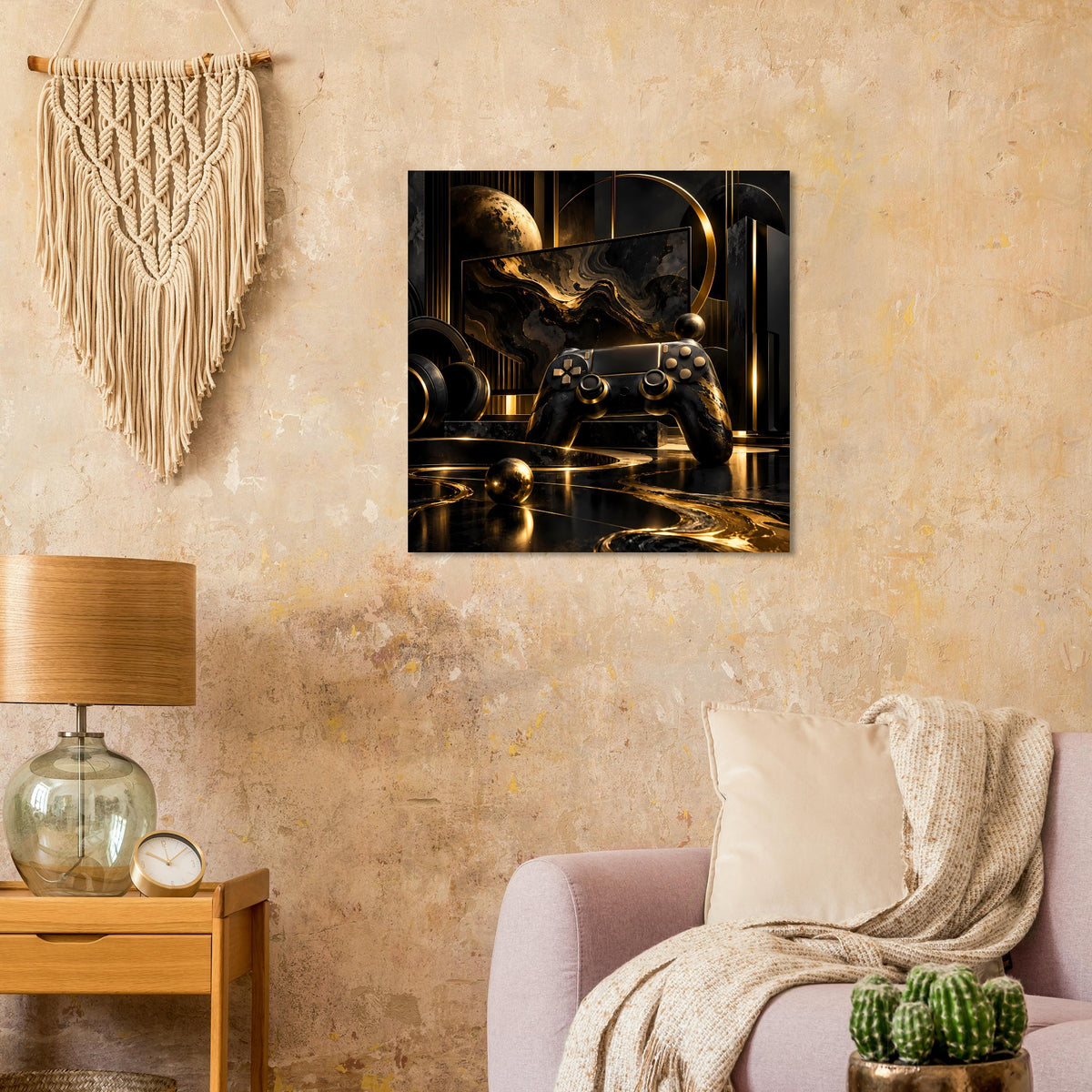 Rechteckiges Poster: Controller-Szene mit goldenen Lichtlinien auf dunklem Grund.
