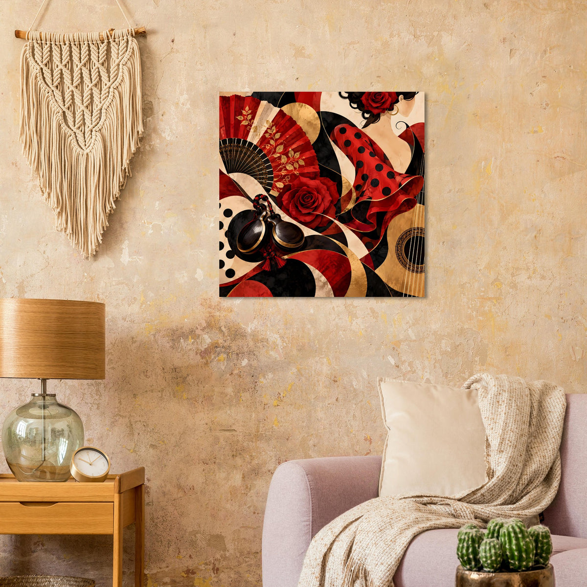 Quadratisches Kunstposter mit roten Rosen, Fächer-Formen und schwarzen Tupfen.