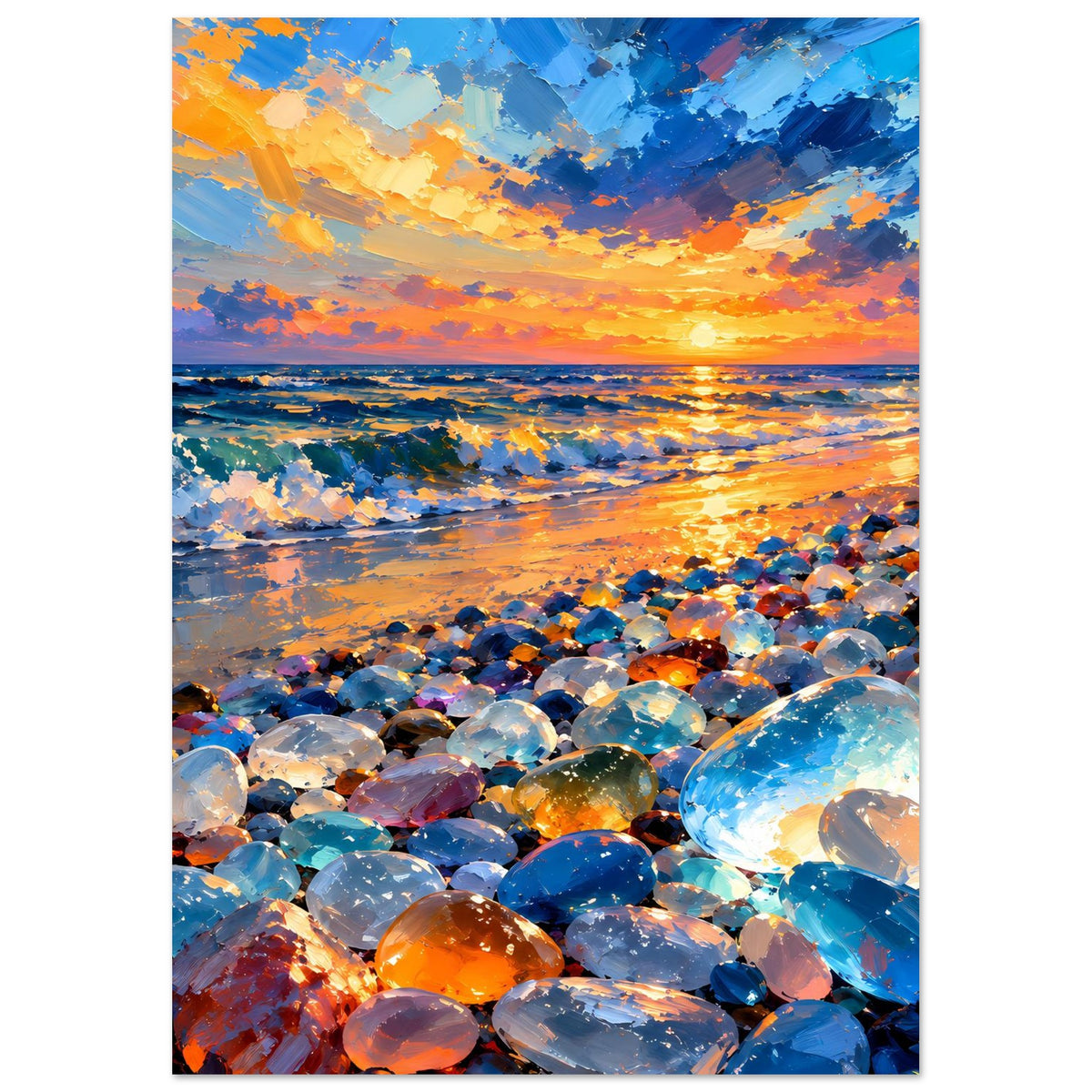 Hochformat-Poster mit warmem Sonnenuntergang, Meerespiegelung und bunten Kieselsteinen