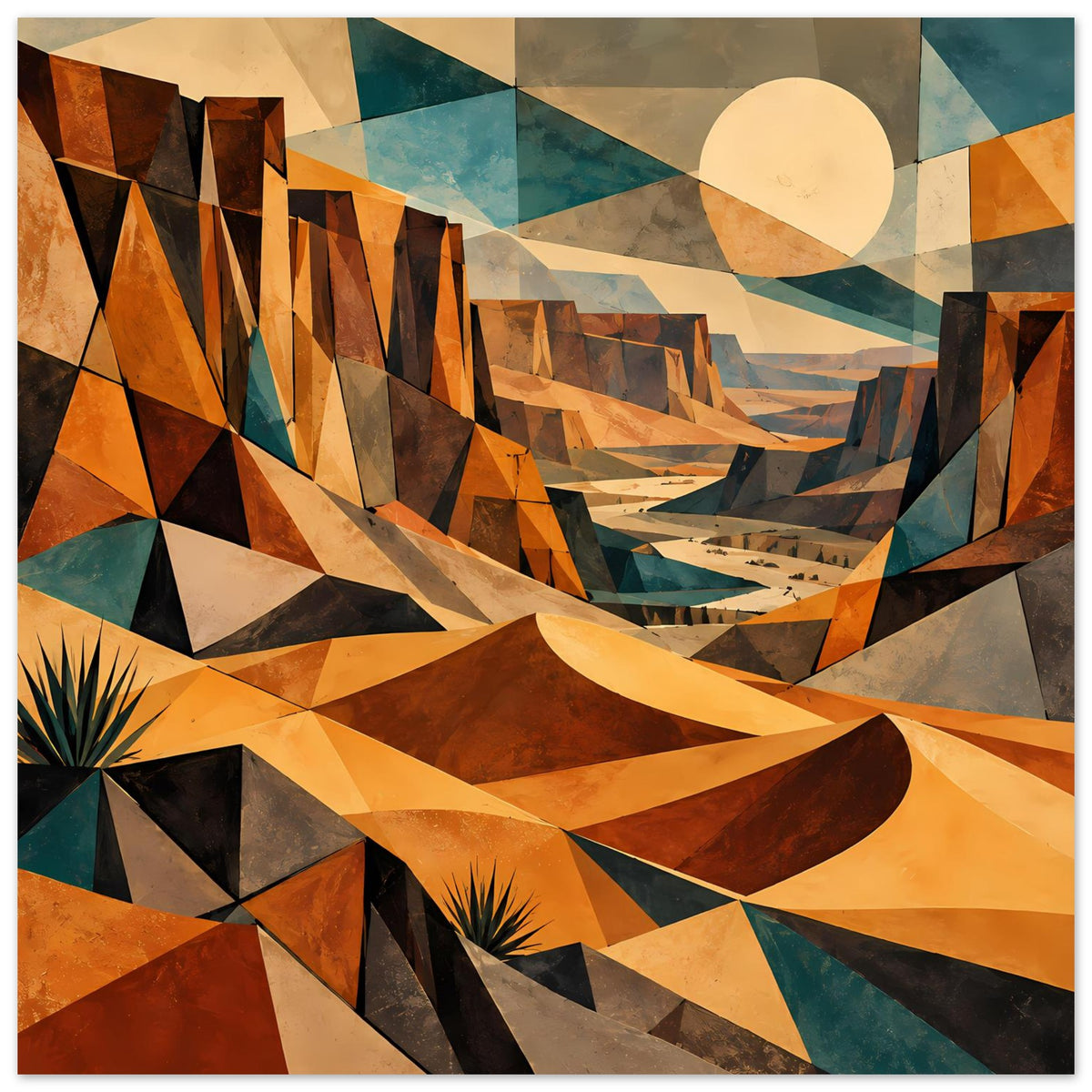 Poster mit geometrischer Wüstenlandschaft: warme Erdtöne, Yucca-Pflanze unten links