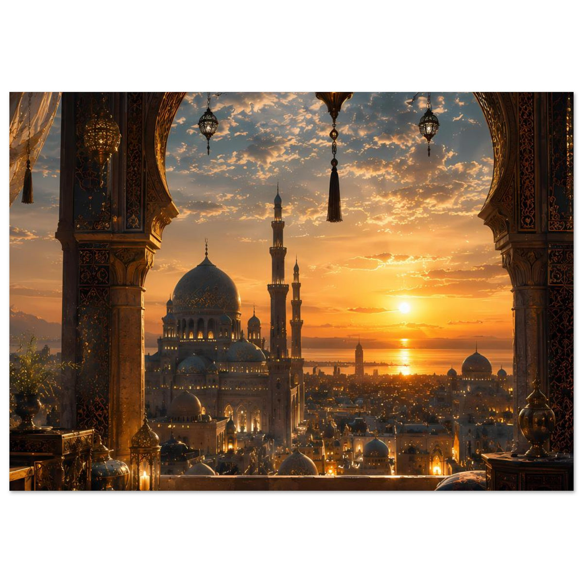 Horizontales Poster: Moschee im Sonnenuntergang, große Rundöffnung mit Wolkenhimmel