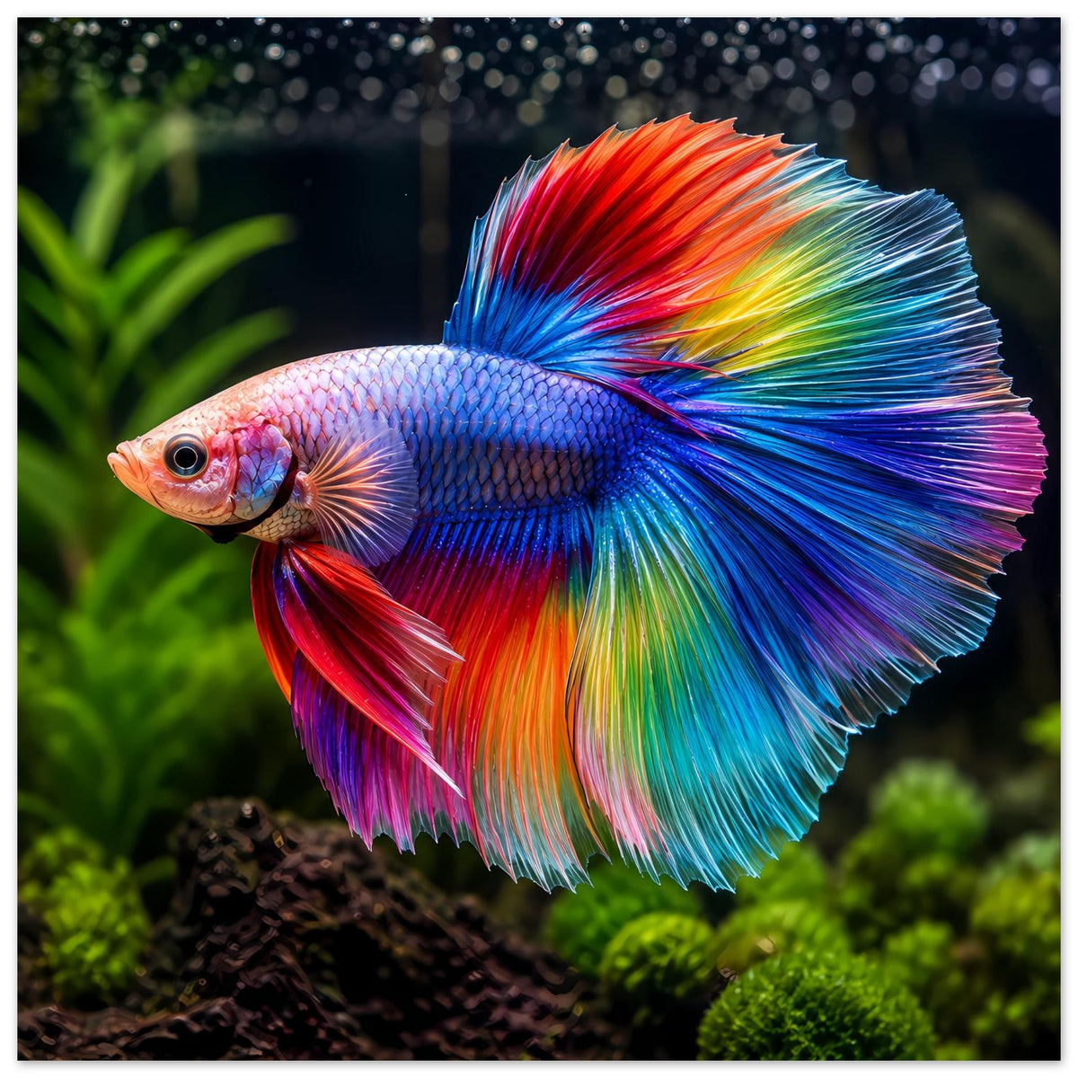 Poster mit Kampffisch im Regenbogenlook: leuchtend blaue Flossen, rote & gelbe Akzente