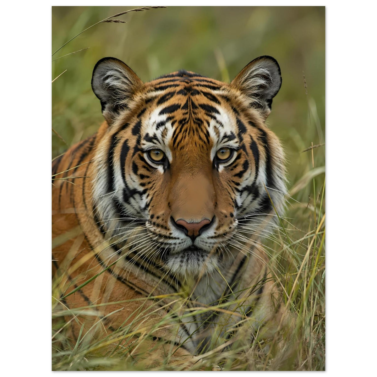 Tiger-Poster mit Vorderkopf im Gras, orange-braunes Fell und schwarze Streifen, gelbe Augen