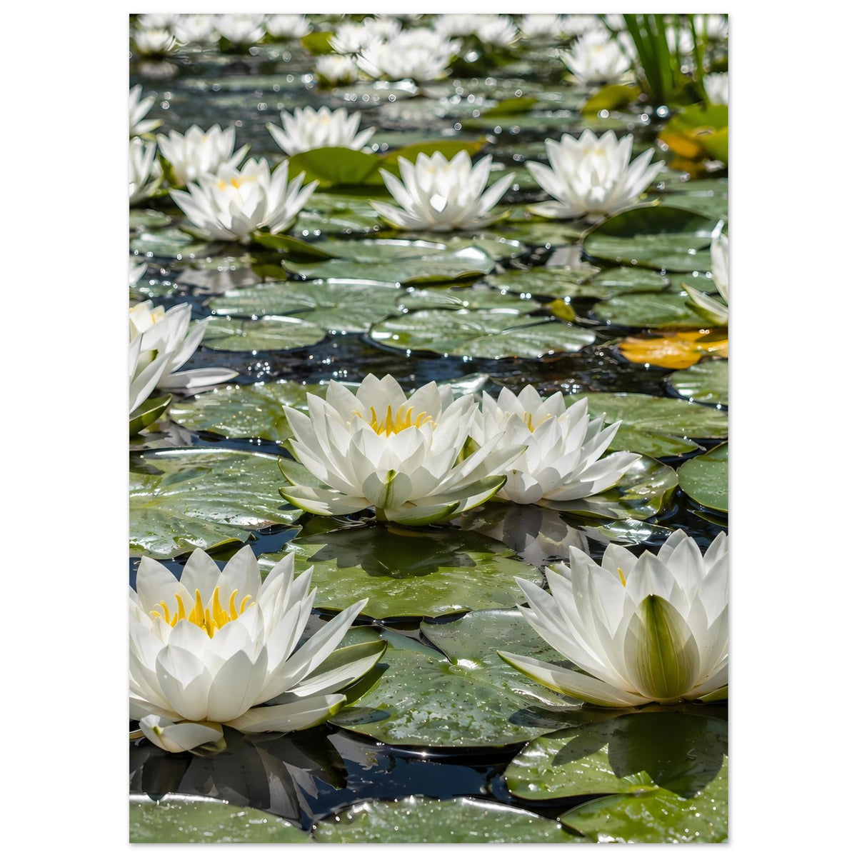 Poster im Hochformat mit weißen Seerosen auf grünen Blättern, Wasseroberfläche mit Reflexionen