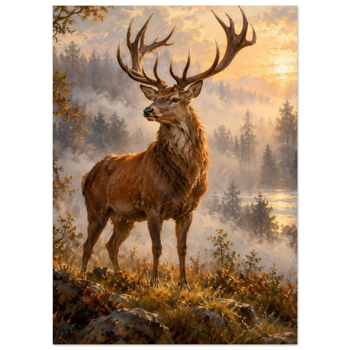 Hirschposter mit braunem Geweihhirsch im Vordergrund und nebligem Wald