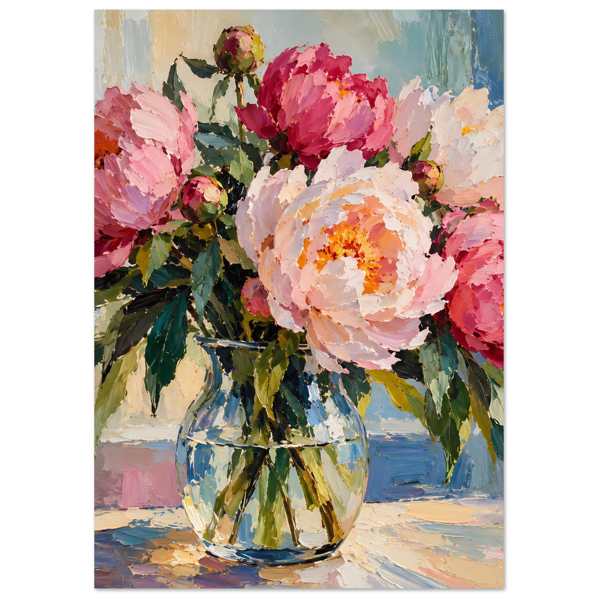 Vertikales Blumenposter mit Pfingstrosenstrauß in Vase, leuchtende Farben, Ölmalerei