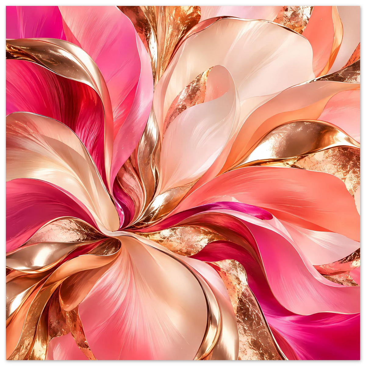 Abstraktes Blumenposter im Rahmen, rosa Farbwirbel und goldene Metallic-Details