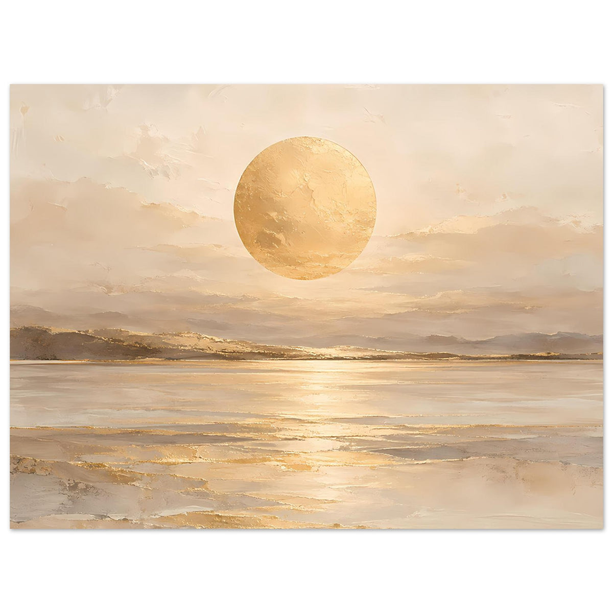 Kunstposter im Querformat: beige-goldene Landschaft mit rundem Sonnenmotiv