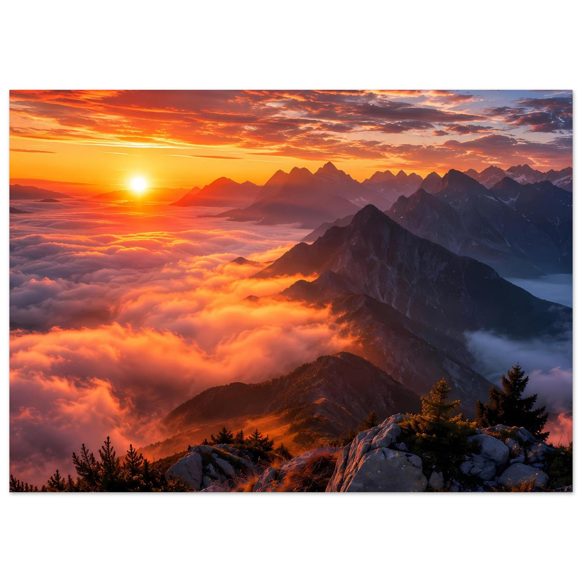 Poster im Querformat mit Sonnenaufgang, schroffen Bergspitzen und Wolken über den Tälern