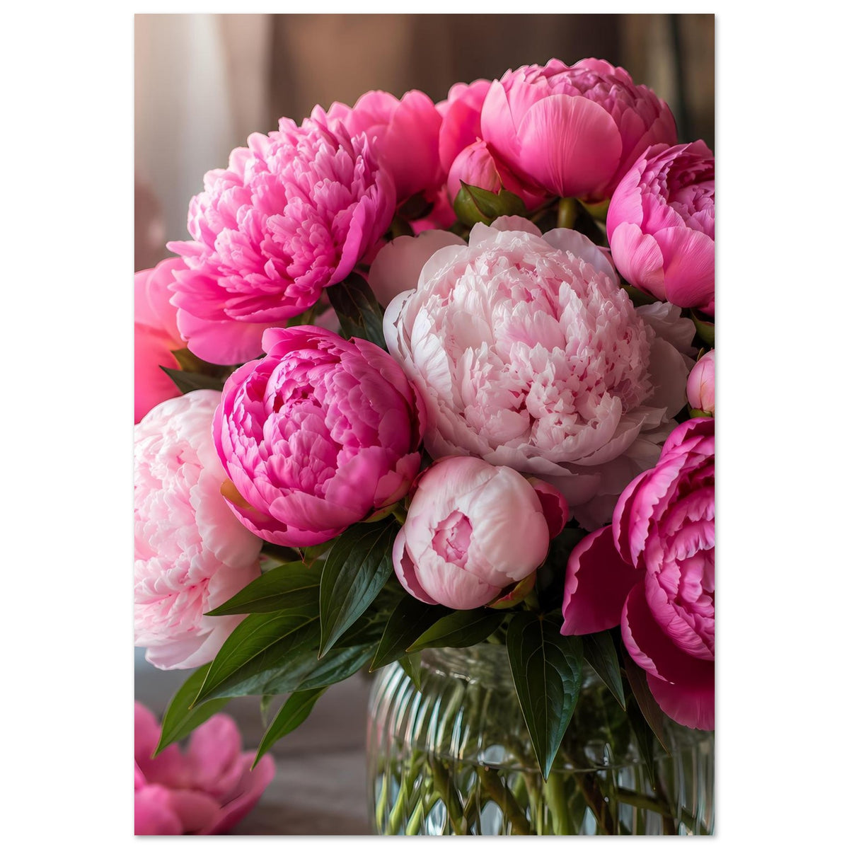 Blumenposter mit Pfingstrosenstrauß in Rosa und Weiß im Glas, vertikales Format